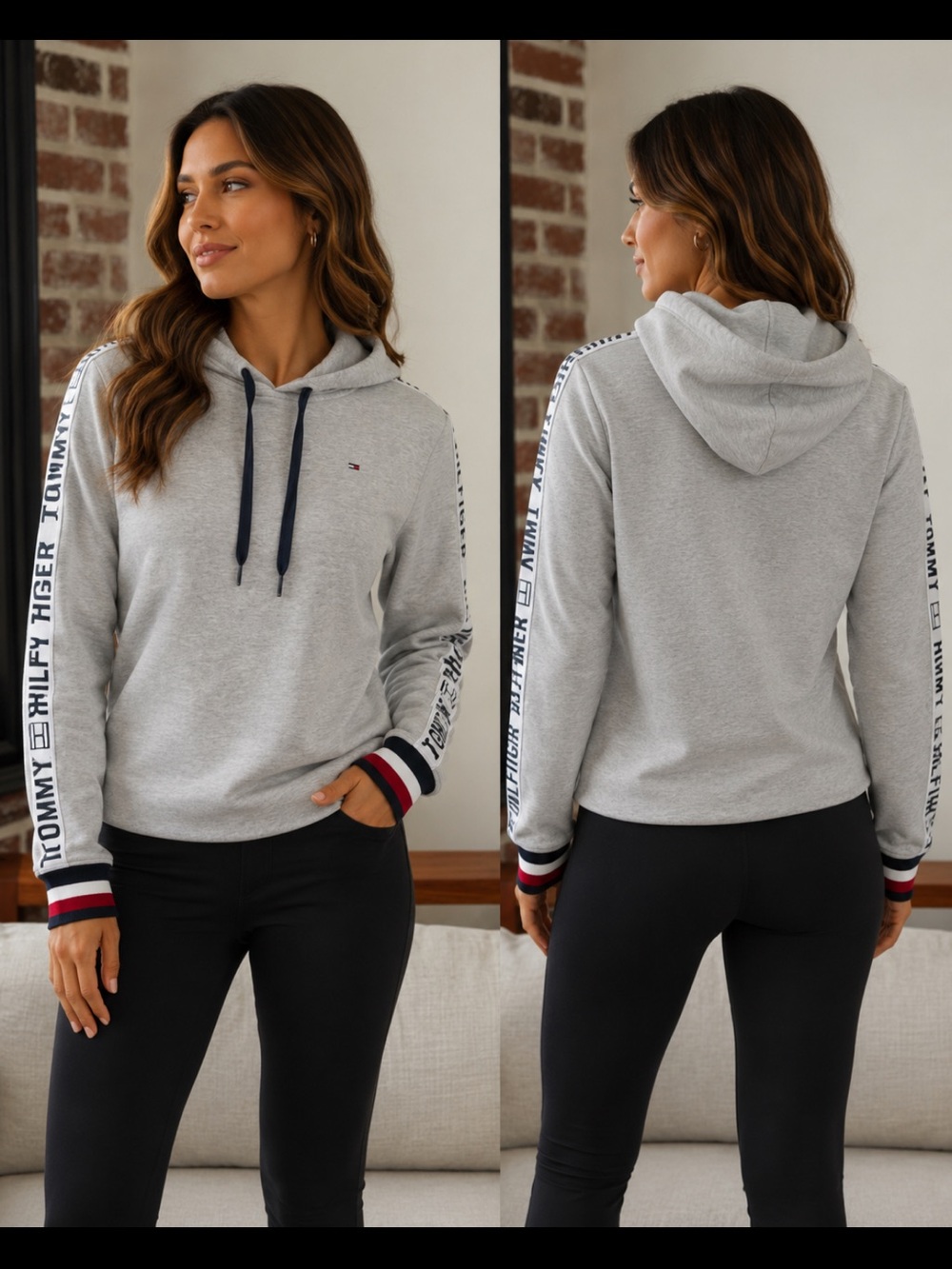 Tommy Hilfiger Gray Pullover Hoodie with Branded Sleeve Tape - Picture 1 of 4
